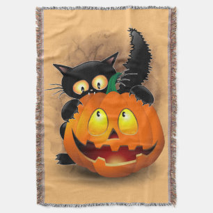 Cat Roligt Halloween Character som biter en Pumpki Filt
