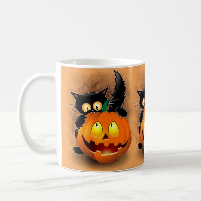Cat Roligt Halloween Character som biter en Pumpki Kaffemugg (Vänster)