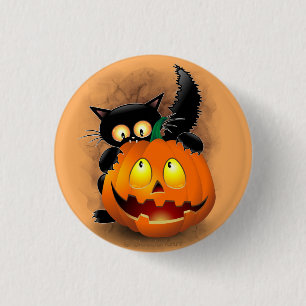 Cat Roligt Halloween Character som biter en Pumpki Knapp