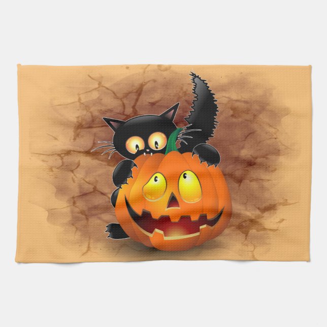Cat Roligt Halloween Character som biter en Pumpki Kökshandduk (Horisontell)