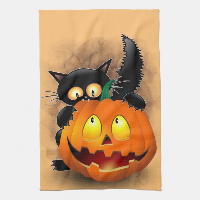 Cat Roligt Halloween Character som biter en Pumpki Kökshandduk (Vertikal)