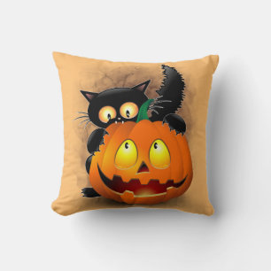 Cat Roligt Halloween Character som biter en Pumpki Kudde
