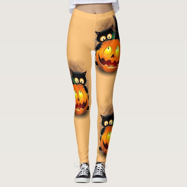 Cat Roligt Halloween Character som biter en Pumpki Leggings (Framsida)