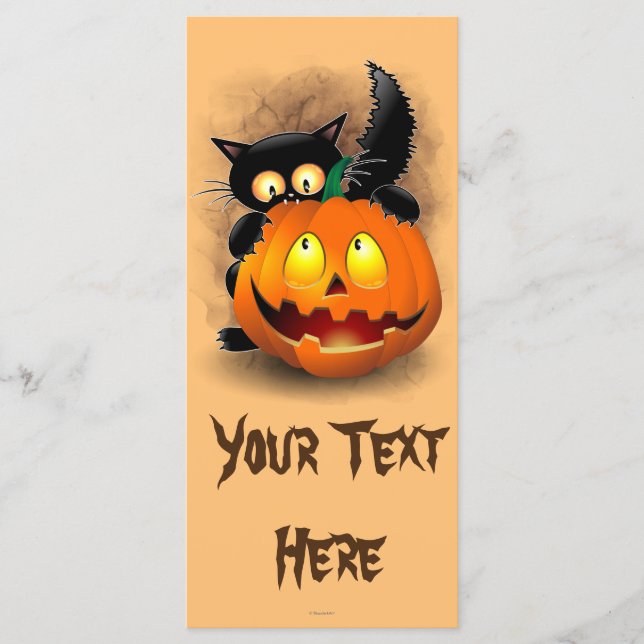 Cat Roligt Halloween Character som biter en Pumpki Meny (Framsida)