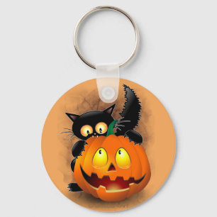 Cat Roligt Halloween Character som biter en Pumpki Nyckelring