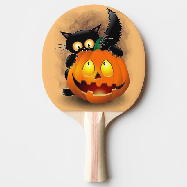 Cat Roligt Halloween Character som biter en Pumpki Pingisracket (Framsidan)