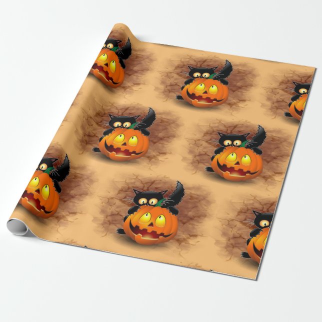 Cat Roligt Halloween Character som biter en Pumpki Presentpapper (Utrullad)