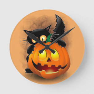 Cat Roligt Halloween Character som biter en Pumpki Rund Klocka