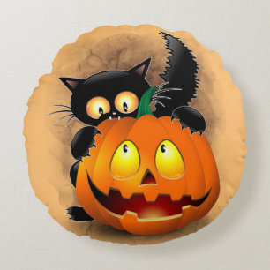 Cat Roligt Halloween Character som biter en Pumpki Rund Kudde