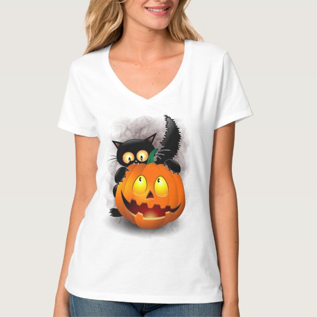 Cat Roligt Halloween Character som biter en Pumpki T Shirt (Framsida)
