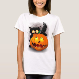 Cat Roligt Halloween Character som biter en Pumpki T Shirt