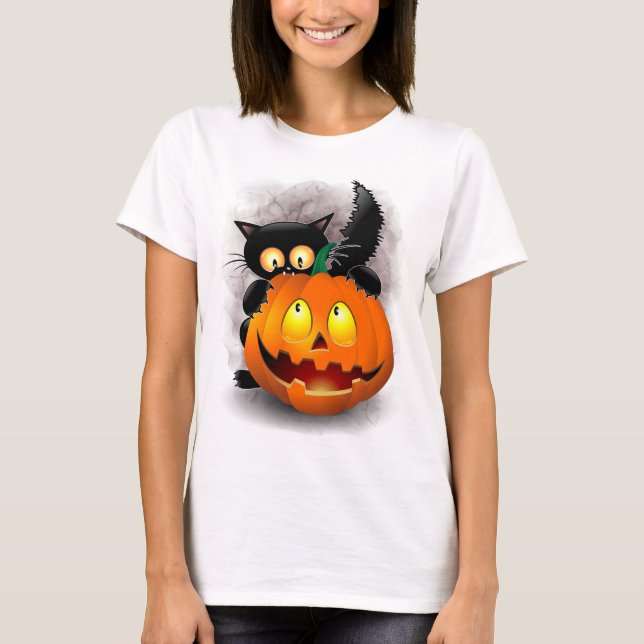 Cat Roligt Halloween Character som biter en Pumpki T Shirt (Framsida)