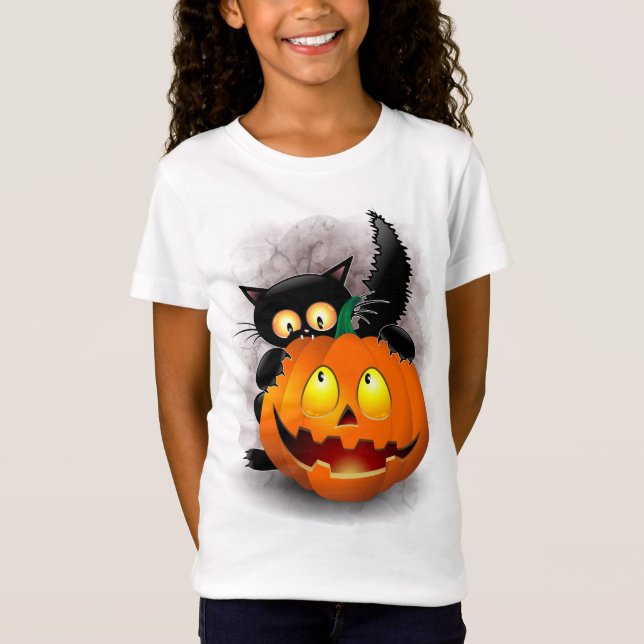 Cat Roligt Halloween Character som biter en Pumpki T Shirt (Framsida)