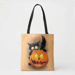 Cat Roligt Halloween Character som biter en Pumpki Tygkasse
