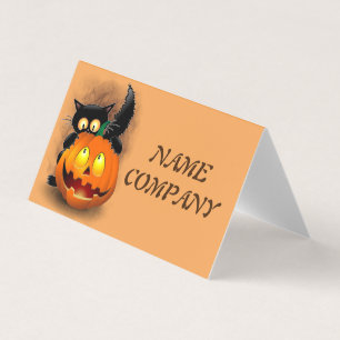 Cat Roligt Halloween Character som biter en Pumpki Visitkort