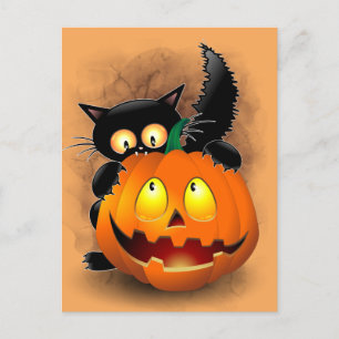 Cat Roligt Halloween Character som biter en Pumpki Vykort