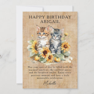 Cat Rustic Sunblommor and Kittens Birthday Card