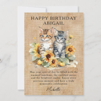 Cat Rustic Sunblommor and Kittens Birthday Card