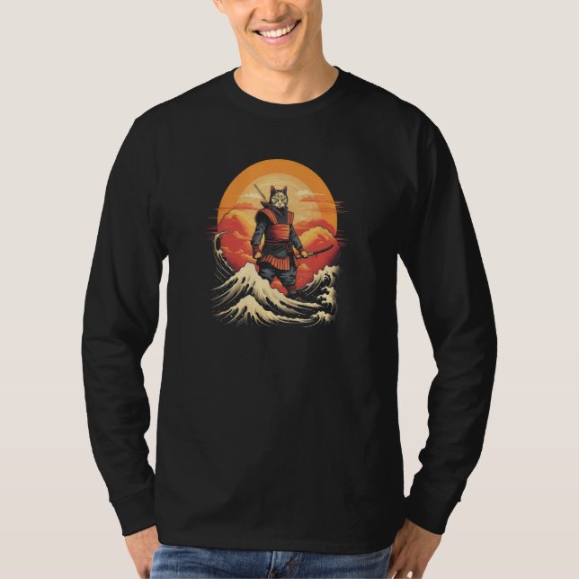 Cat Samurai Charming Japanese Style The Great Wave T Shirt (Framsida)
