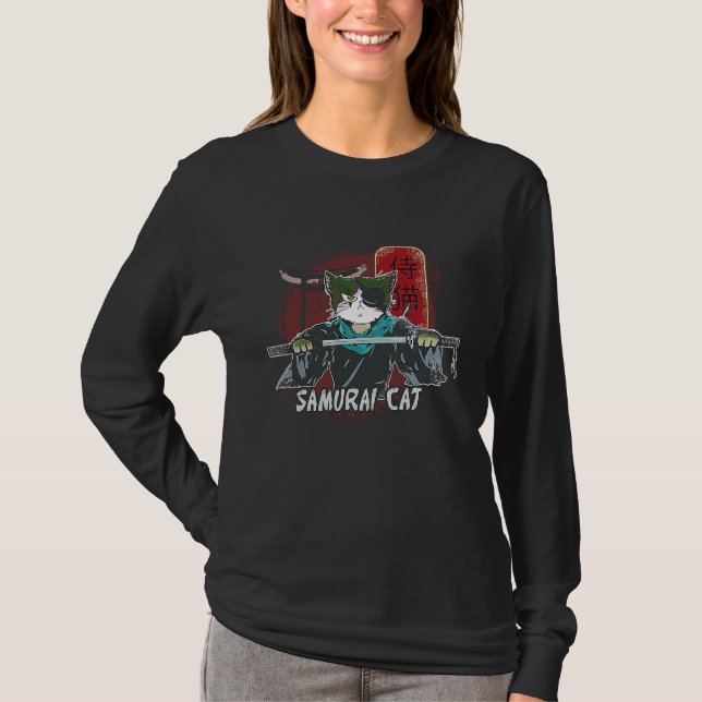 Cat Samurai Ninja Japanska T Shirt (Framsida)