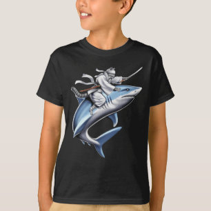 Cat Samurai Ninja Riding Shark T Shirt