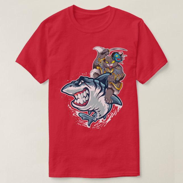 Cat Samurai Riding on Shark Workmanship Japanskt  T Shirt (Design framsida)