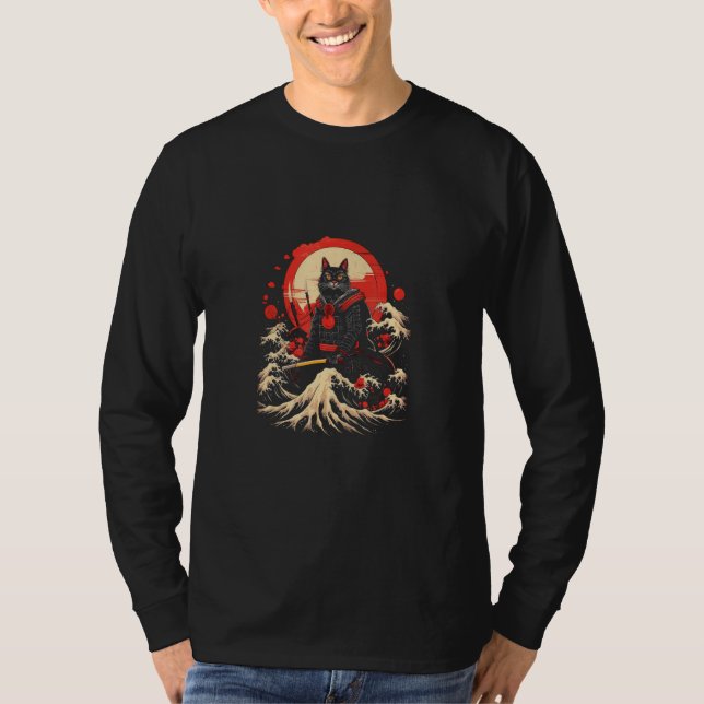 Cat Samurai & The Great Wave  Mesmerizing Japanese T Shirt (Framsida)
