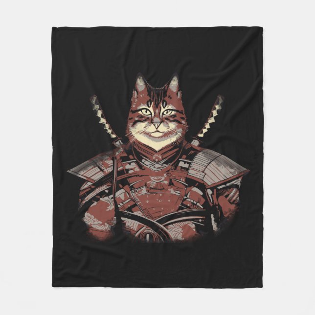 Cat Samurai Warrior Japanska Fleecefilt (Framsidan)