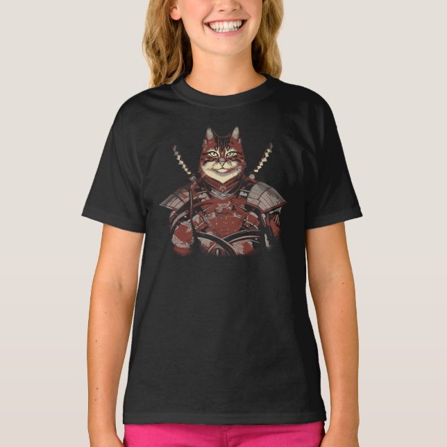 Cat Samurai Warrior Japanska T Shirt (Framsida)