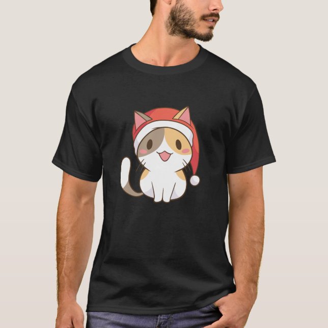 Cat Santa Hat Funny jul T Shirt (Framsida)