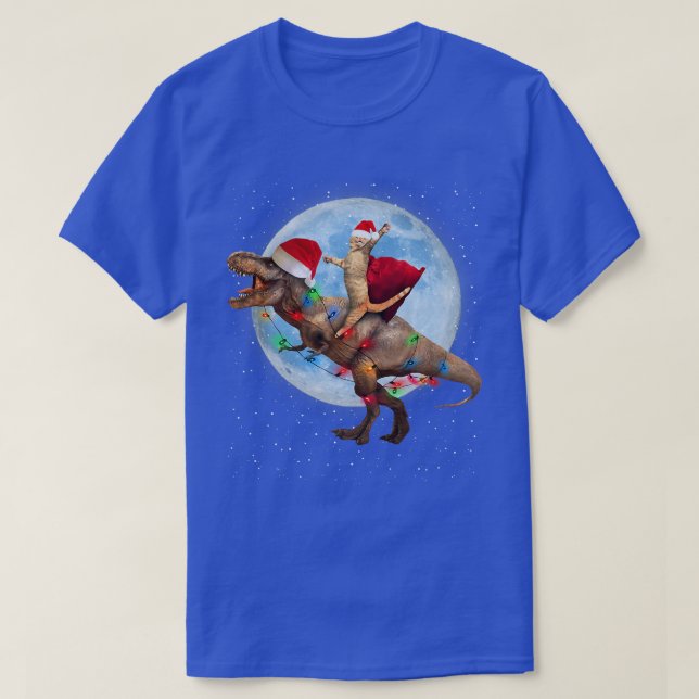 Cat Santa Hat Riding Dinosaur T re re Måne jul T Shirt (Design framsida)