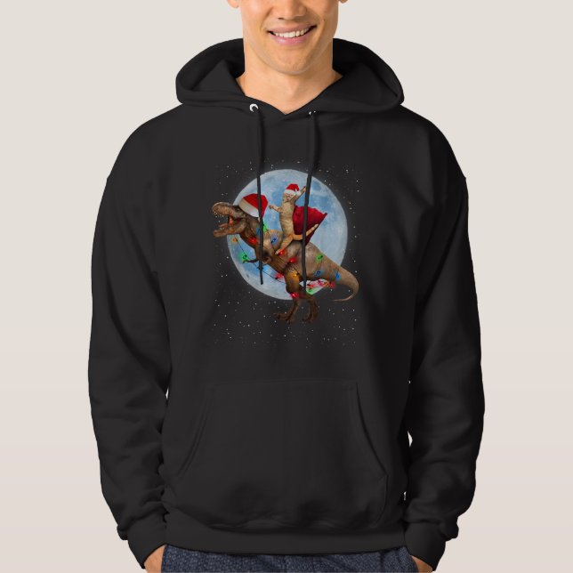 Cat Santa Hat Riding Dinosaur T rex Måne jul Hoodie (Framsida)