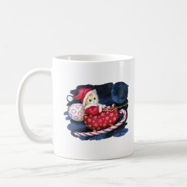 Cat Santa in Santa Sleigh Deliving Gifts Kaffemugg (Vänster)