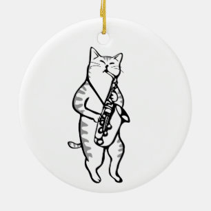 Cat Saxophone Player Musician Jazz Sten Funny Cute Julgransprydnad Keramik