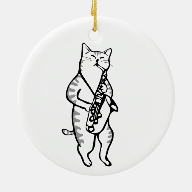 Cat Saxophone Player Musician Jazz Sten Funny Cute Julgransprydnad Keramik (Baksidan)