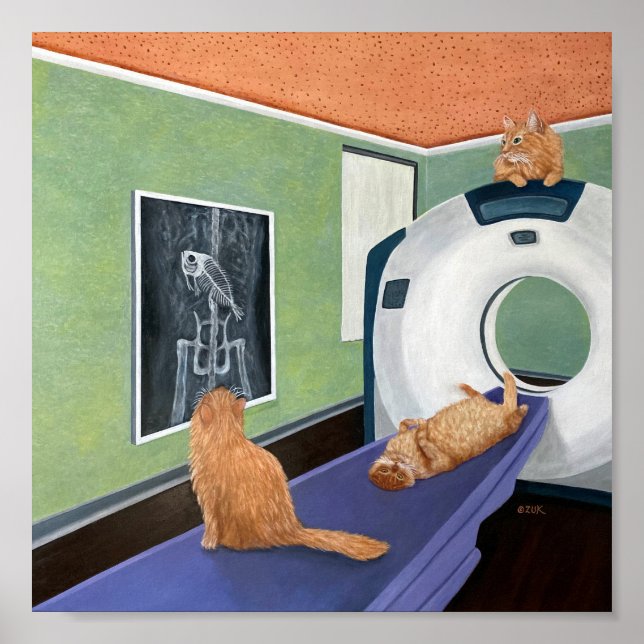 Cat Scan. Cat & Fish Art, Veterinarian Gift.  Poster (Framsidan)