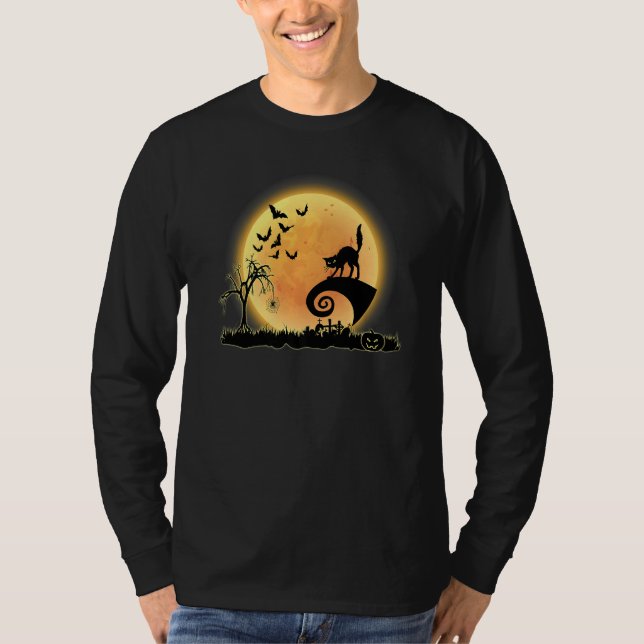 Cat Scary And Moon  Kitty Halloween Costume T Shirt (Framsida)