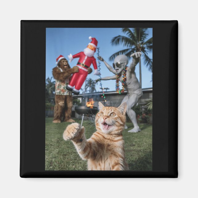 Cat Selfie med Alien och Bigfoot-jul i juli Magnet (Framsidan)