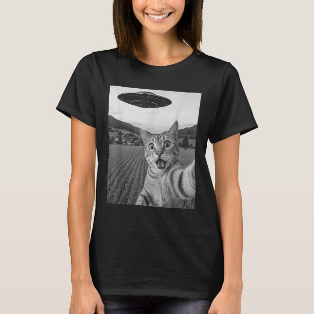 Cat Selfie med Alien Ufo Funny Cat Funny Alien T Shirt (Framsida)