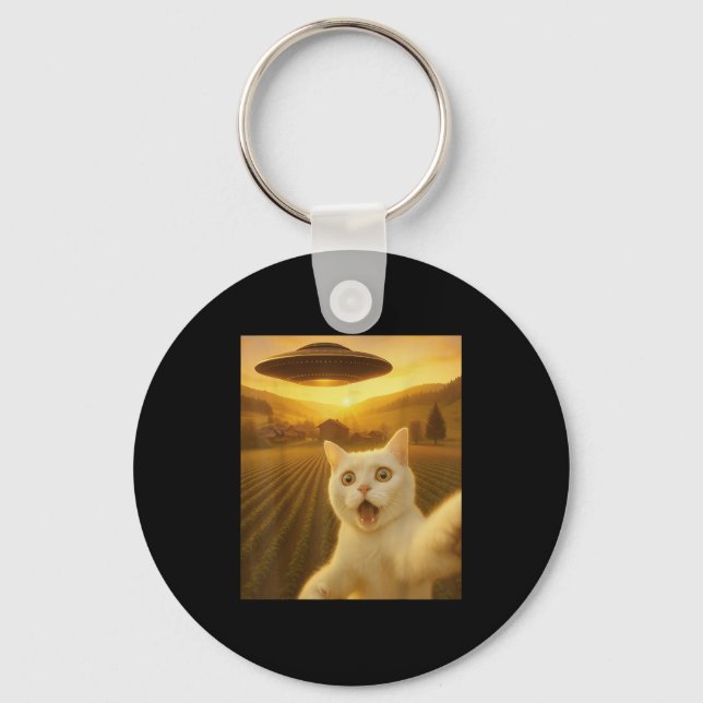Cat Selfie med Alien Ufo Funny Cats Gats För manar Nyckelring (Framsida)