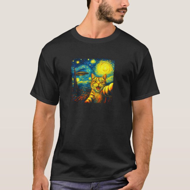 Cat Selfie med Alien UFO Funny Starry Night Van G. T Shirt (Framsida)