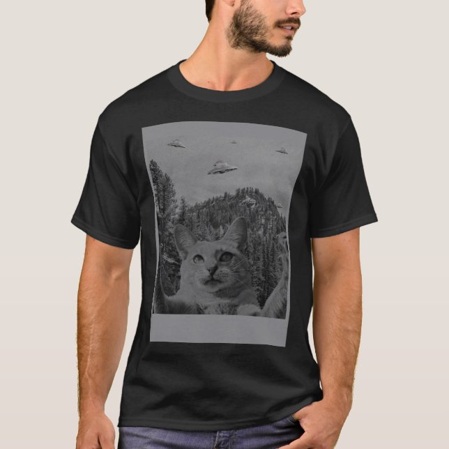 Cat Selfie Meme UFO Stigande Alien Conspiracy Sci T Shirt (Framsida)