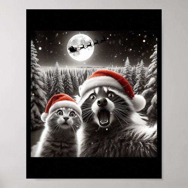 Cat Selfie Racoon Funny Santa Christmas Dog  Poster (Framsidan)