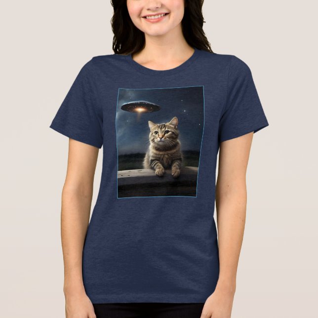 Cat Selfie UFO Tee Womens Funny Alien Shirt (Framsida)