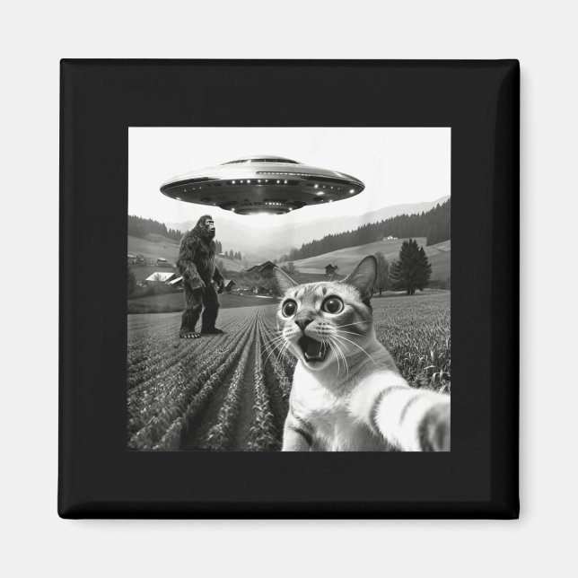 Cat Selfie With Alien Ufo Funny Cat Alien Bigfoot  Magnet (Framsidan)