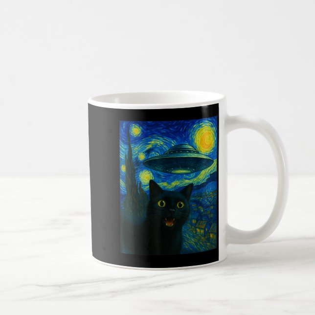 Cat Selfie With Alien Ufo Night Van Gogh Men Women Kaffemugg (Höger)