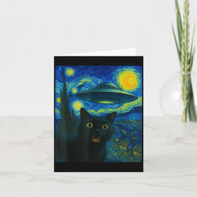 Cat Selfie With Alien Ufo Night Van Gogh Men Women Kort (Framsida)
