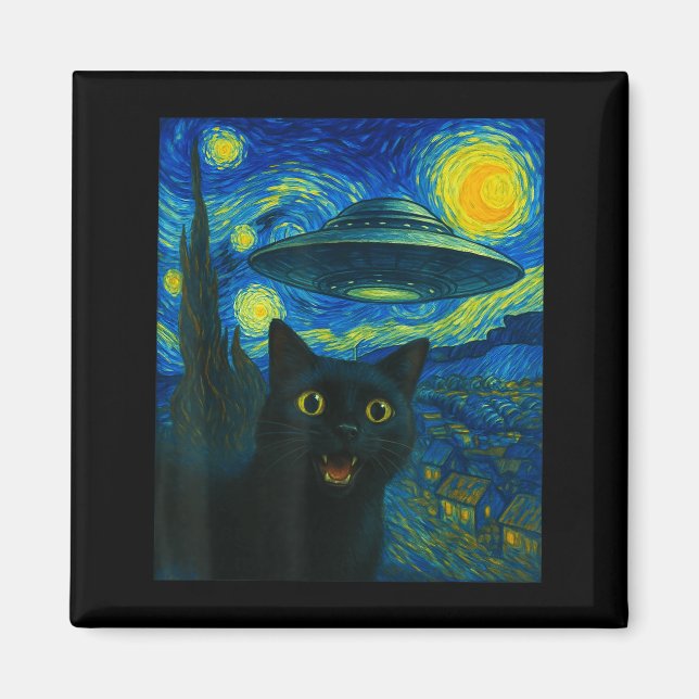 Cat Selfie With Alien Ufo Night Van Gogh Men Women Magnet (Framsidan)