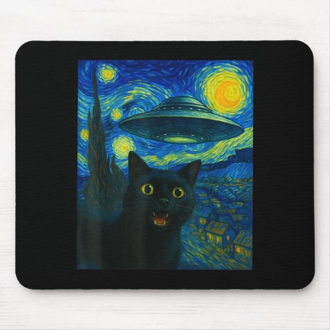 Cat Selfie With Alien Ufo Night Van Gogh Men Women Musmatta (Framsidan)