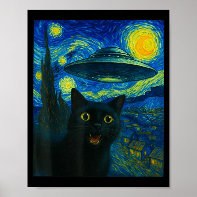 Cat Selfie With Alien Ufo Night Van Gogh Men Women Poster (Framsidan)
